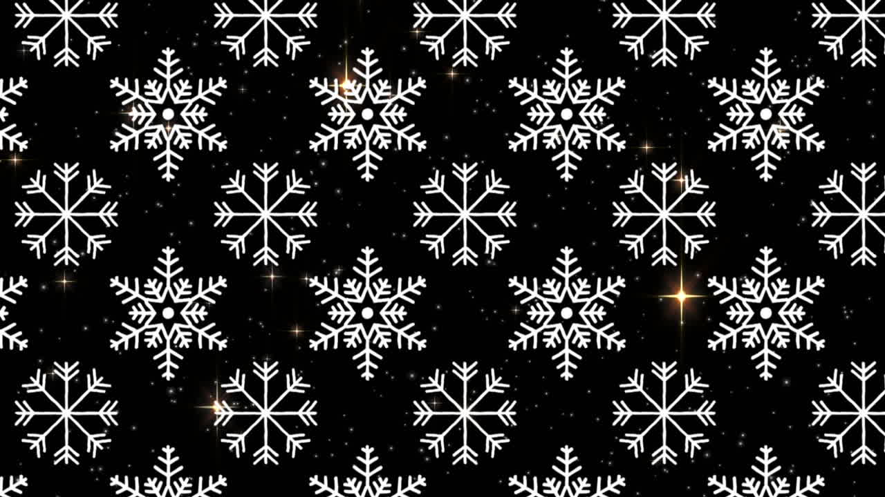 Snowflakes icons in seamless pattern against golden shining stars on black background