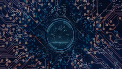 Animation of clock moving over data processing on black background