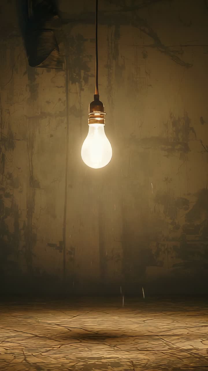 Vertical video: Switch activating hanging bulb igniting filament glow, lighting wall in worn room