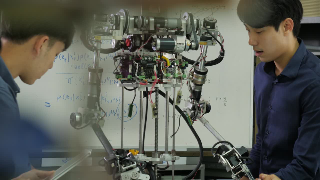 Young electronics engineer team collaborating on construction of robot in the workshop. Team engineer start up for robot project together. People with technology or innovation concept.