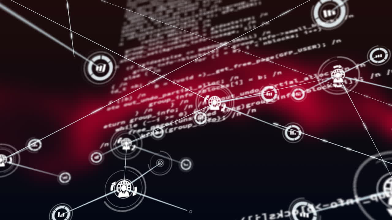 animación de procesamiento de datos e iconos de medios en fondo negro