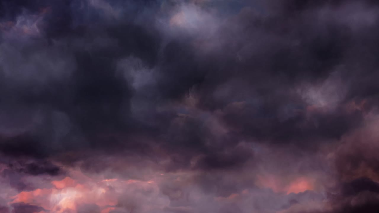 Animation of lightning and stormy grey and pink clouds background