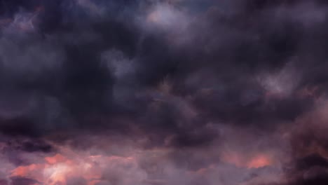 Animation-of-lightning-and-stormy-grey-and-pink-clouds-background