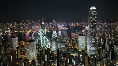 witness breathtaking views from victoria peak as hong kong's skyline comes alive at night. the illuminated cityscape showcases skyscrapers and the harbor, reflecting a vibrant urban atmosphere.
