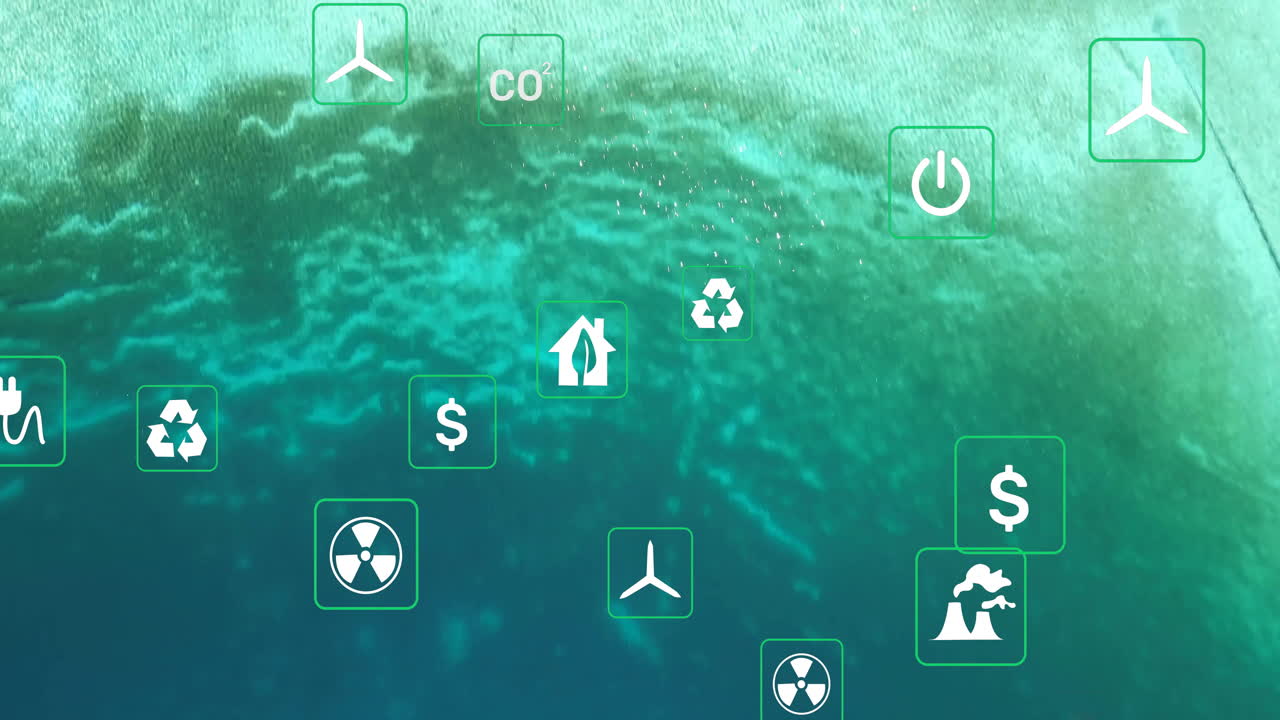 Animation of environmental icons overlaying ocean waves, highlighting sustainability concepts