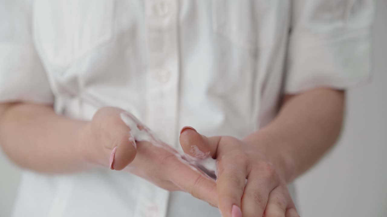 泡立つクレンジングクリームで手肌をケアする女性のクローズアップ
