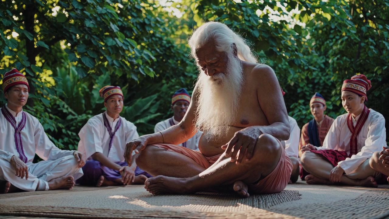 Geleneksel Açık Hava Ortamında Öğrencileriyle Meditasyon Yapan Yaşlı Guru