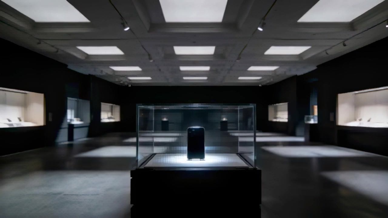 Die Kamera fährt zurück und zeigt ein Telefon in einer Glasvitrine in einer Galerie mit Nischen.