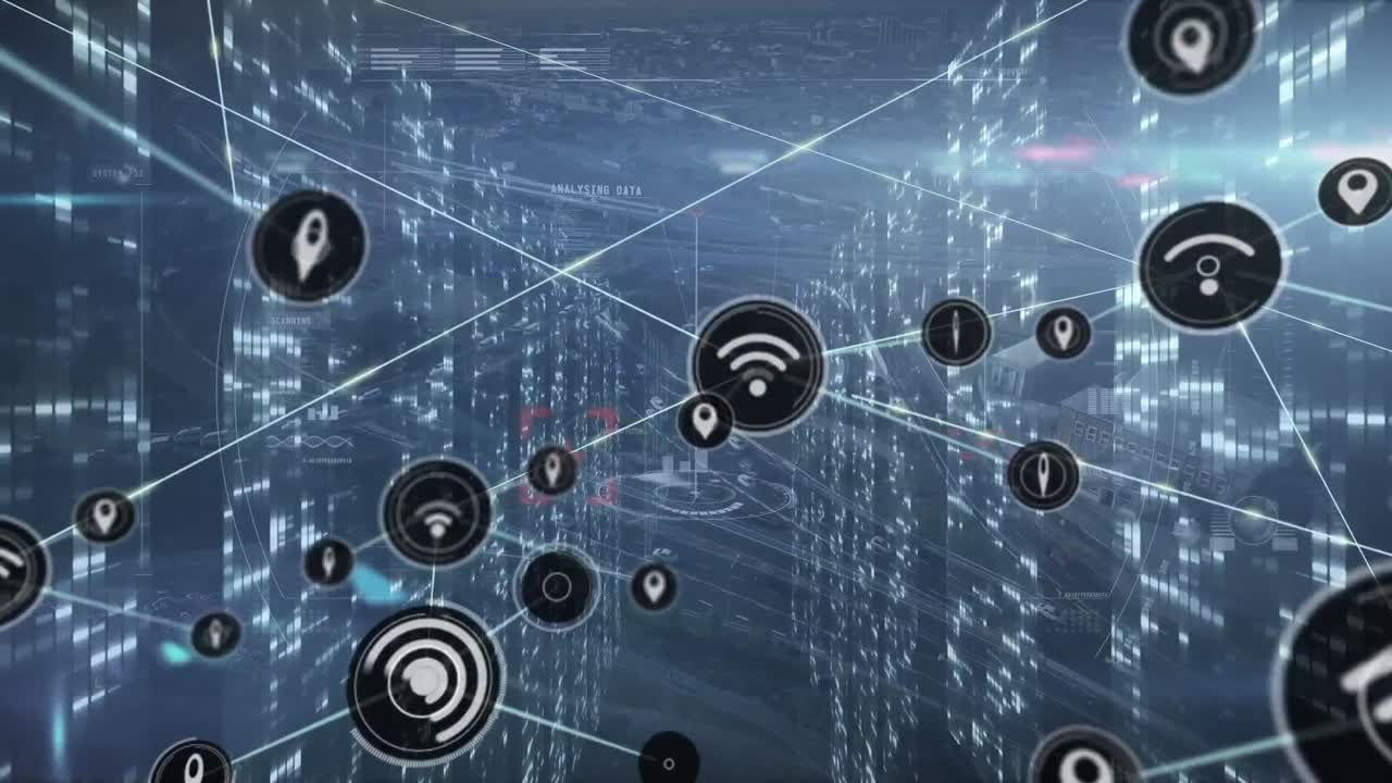 animación de la red de conexiones con iconos sobre puntos de luz