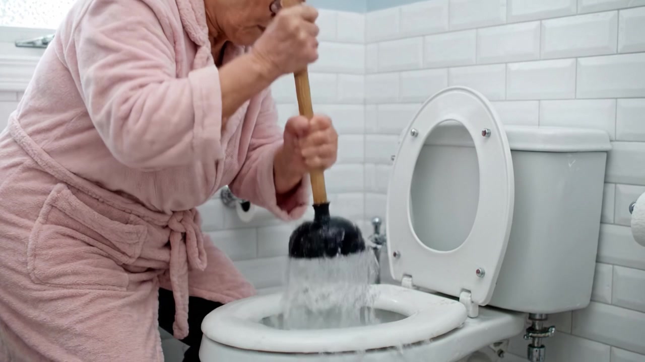 Elderly Woman in a Bathrobe Resolutely Unclogs a Toilet with a Plunger, Demonstrating Practical Home Maintenance Skills and Overcoming Everyday Challenges