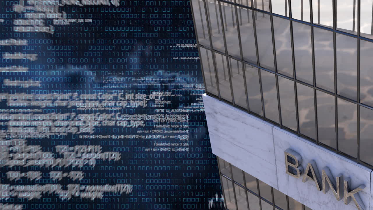 Animation of binary coding, financial data processing over bank building