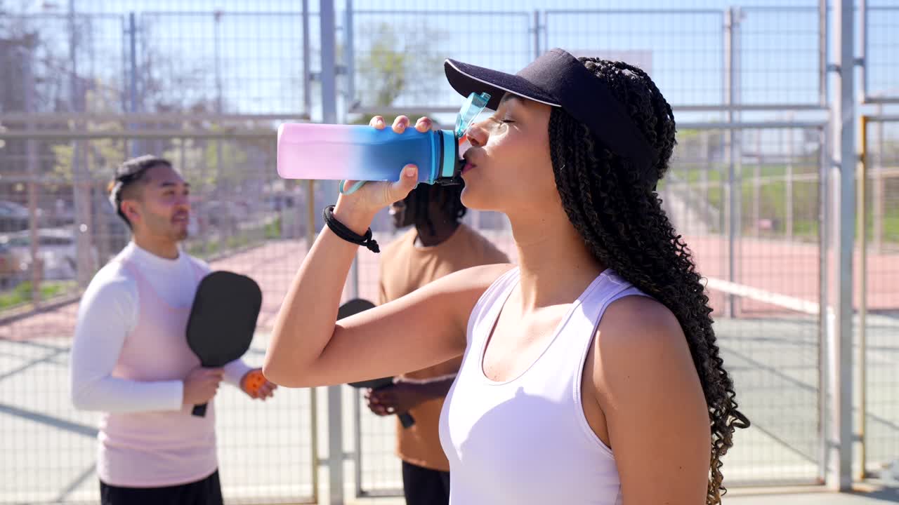 Young Woman Drinking Water on a Padel Court