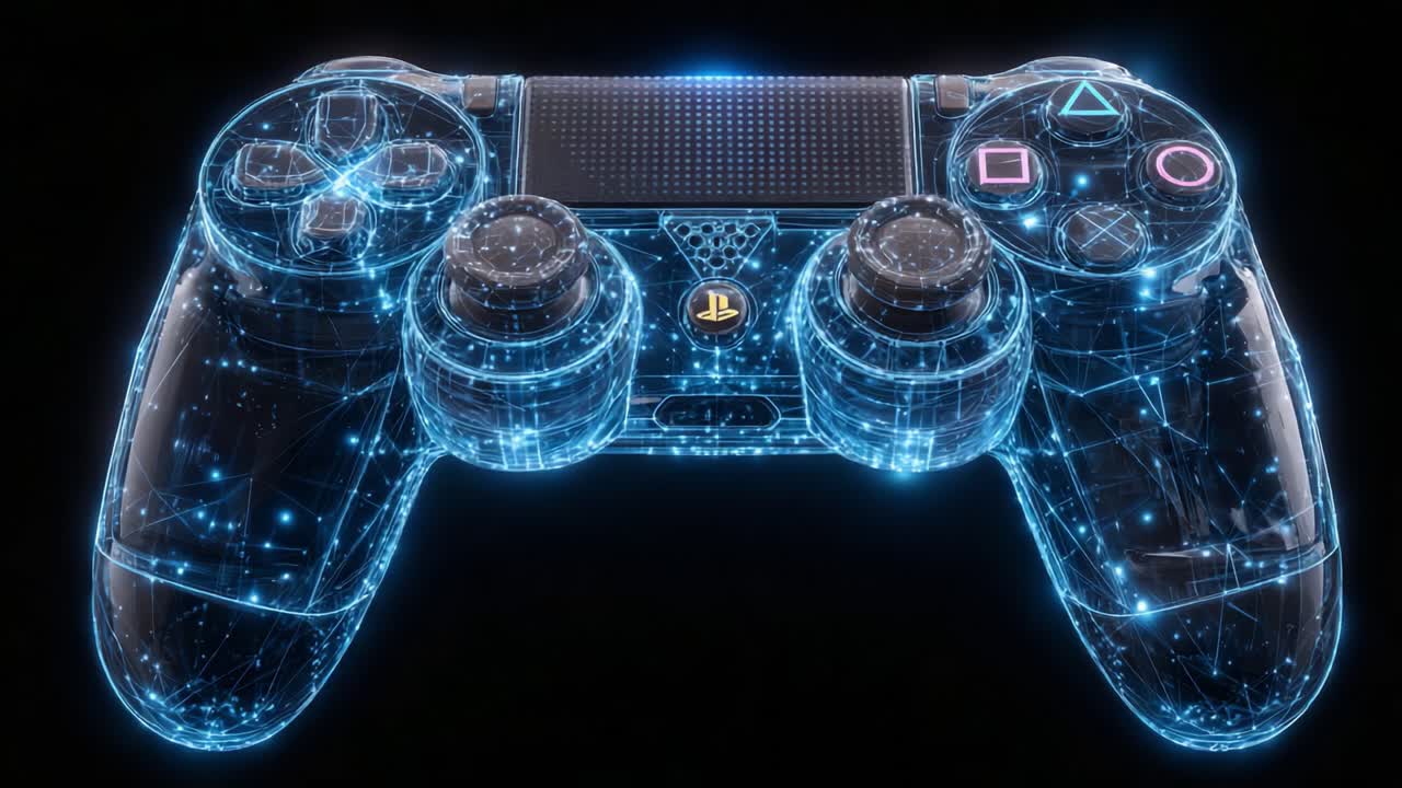 A Stunning Digital Illustration of a Futuristic Game Controller with a Glowing, Wireframe Design Showcasing an Intricate Network of Light and Technology