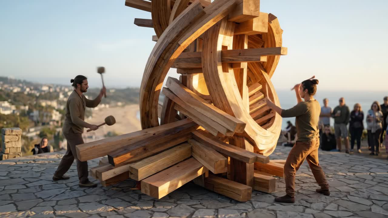 Männer spielen bei Sonnenuntergang eine große hölzerne Perkussionsskulptur.