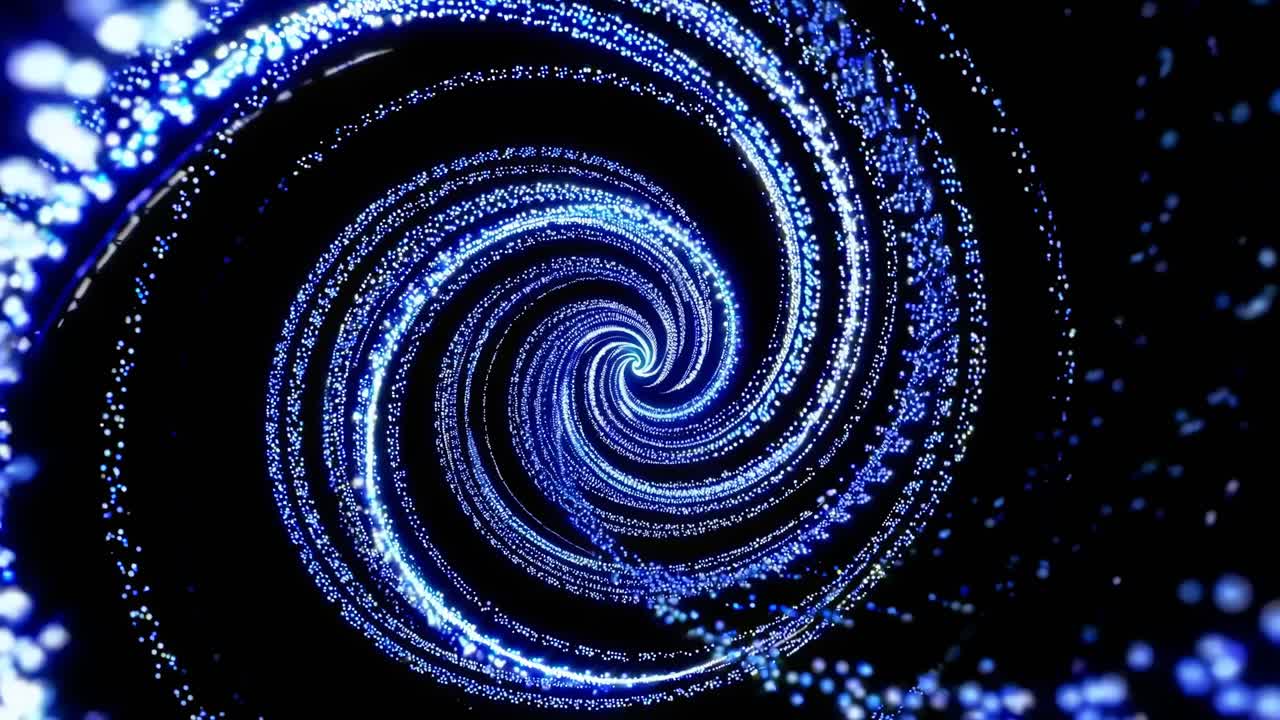 A mesmerizing spiral of blue lights in a swirling pattern, captured from a top-down angle