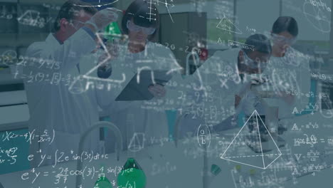 Animation of chemical formulas over diverse female and male lab workers using microscope