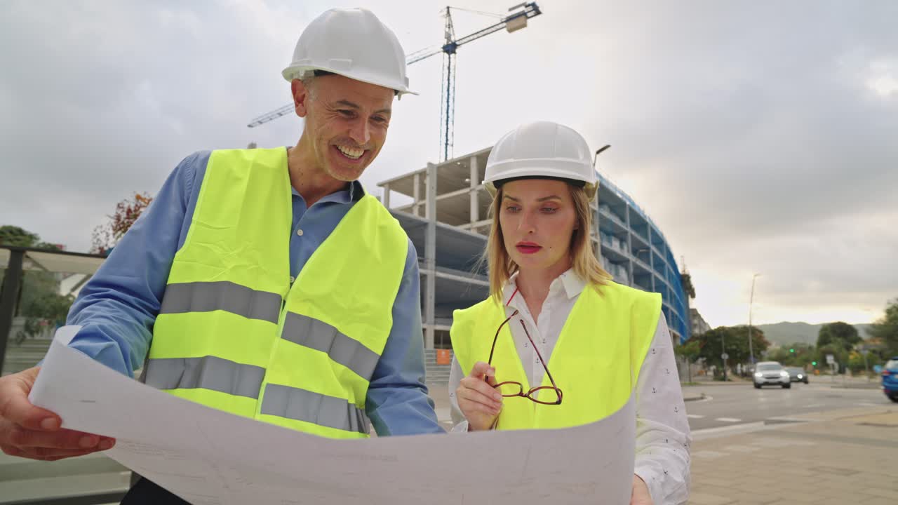 Construction Workers Reviewing Plans at Construction Site