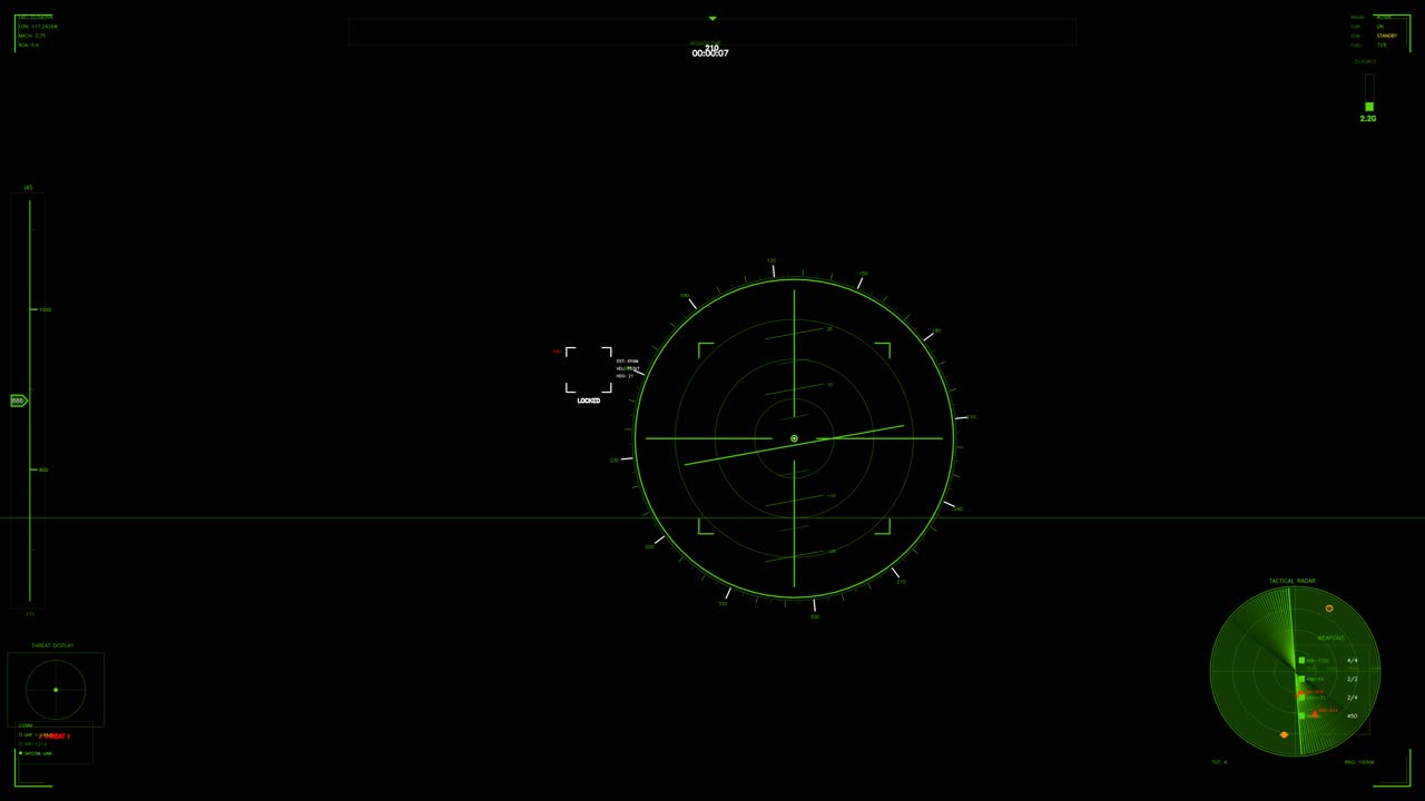 L'animazione HUD militare mostra un display radar con elementi di tracciamento in un ambiente scuro. Dispone di un'interfaccia digitale per il monitoraggio di attività e movimenti.