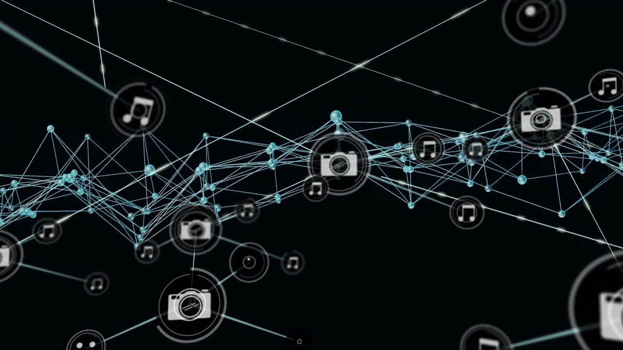 Animation of interconnected icons for music and photography on dark background