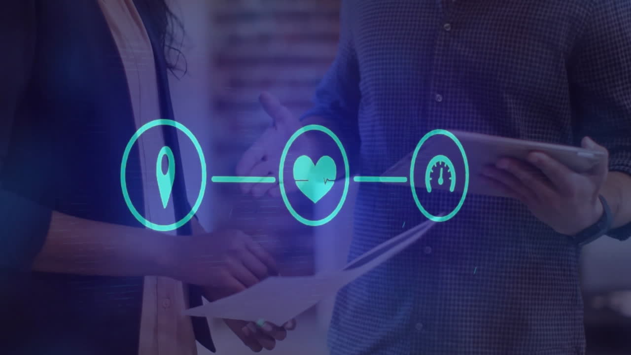 사무실에서 다양한 사업가들과의 아이콘과의 연결 네트워크의 애니메이션