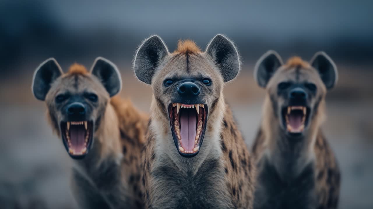 A Trio of Hyenas Displaying Their Fearsome Roars in the Wilderness, Capturing the Raw Power and Intensity of Nature's Most Intriguing Predators