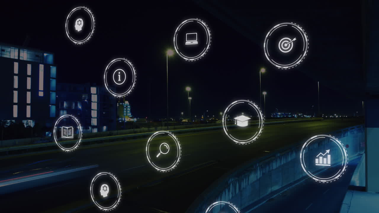 거리에서 움직이는 차량의 타임 라프스에 따라 원으로 떨어지는 아이콘의 애니메이션