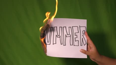 a hand holds the burning white paper with summer divide text word on it.