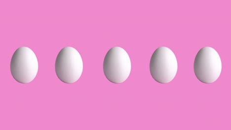 funny animation with chicken raw eggs on rose and pink background, close-up. side view of farm products, easter concept with copy space