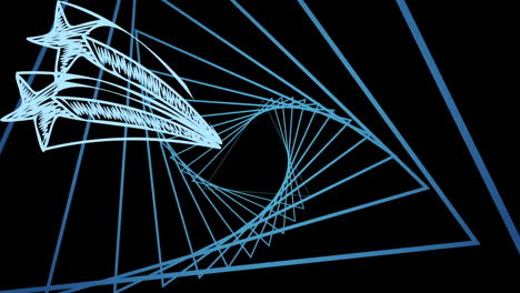 animación de estrellas y formas lineales azules que giran sobre un fondo negro