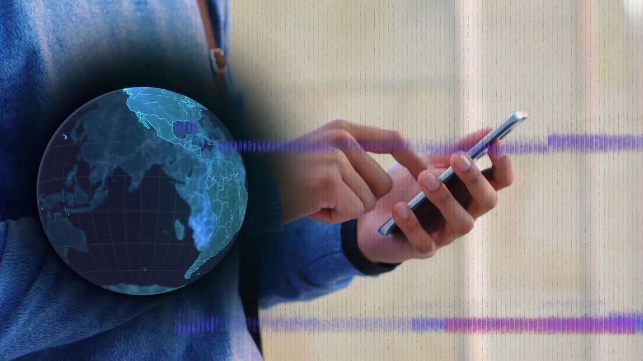 animación de glitch y globo sobre las manos de un hombre caucásico usando un teléfono inteligente