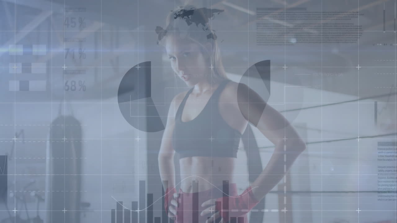 female athlete demonstrating sports technology in boxing gym, showing charts graphs grids overlay