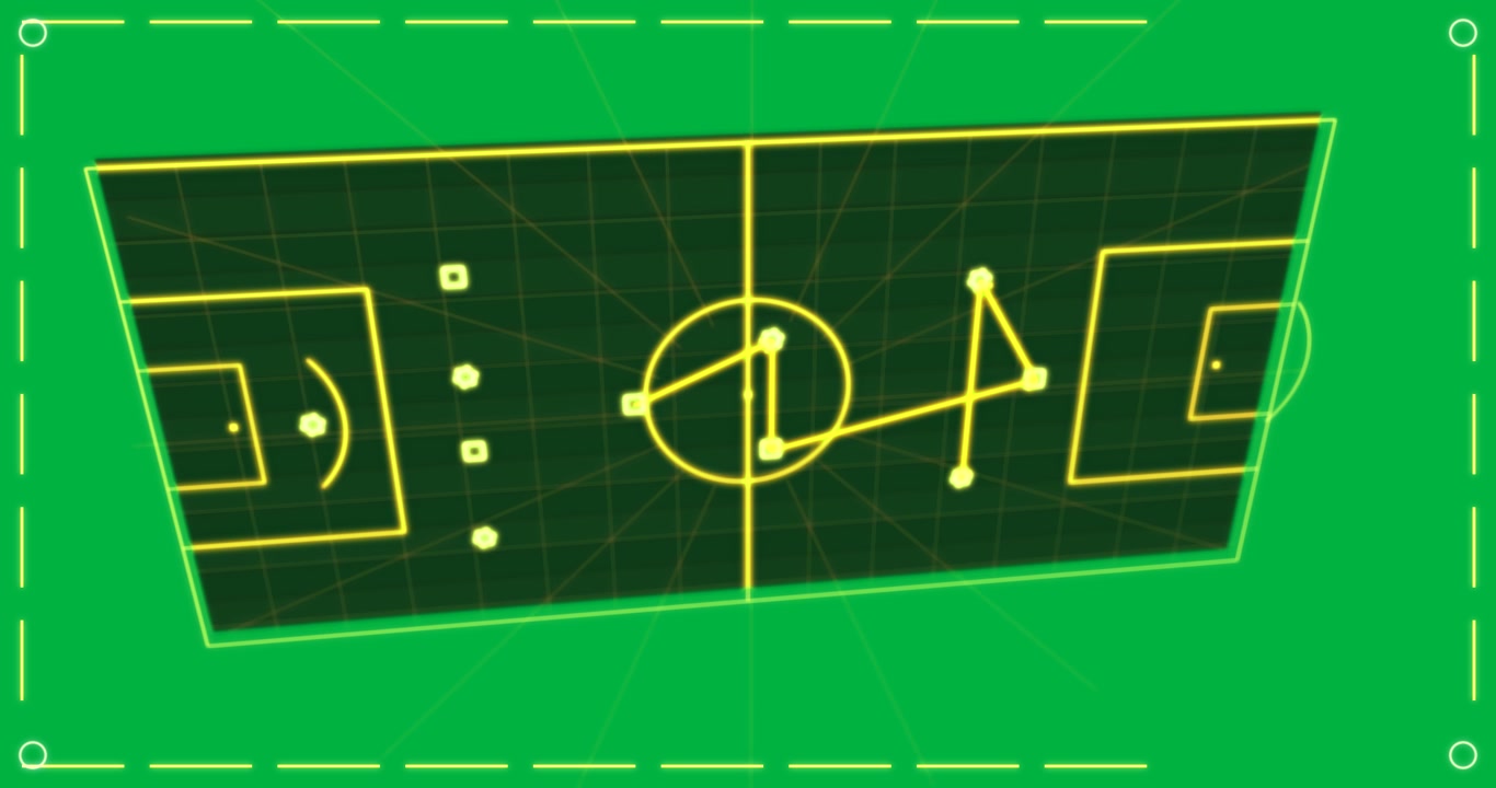 Black field starting neon panel, transparent pitch, pointer tracing triangle pass showing tactic