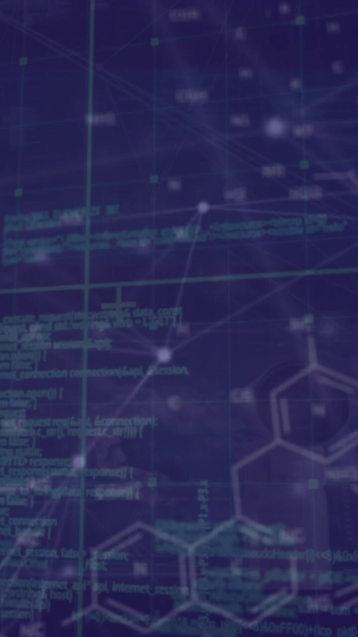 Animation of network of connections and chemical structures over data processing on blue background
