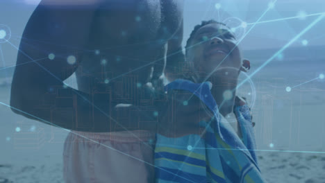 animation of connections over happy african american father and son on beach