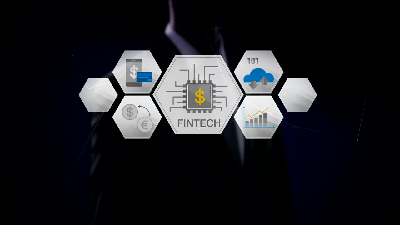 Businessman touching Fin-tech icon and various graph. Futuristic financial technology. 4k movie. version 2.