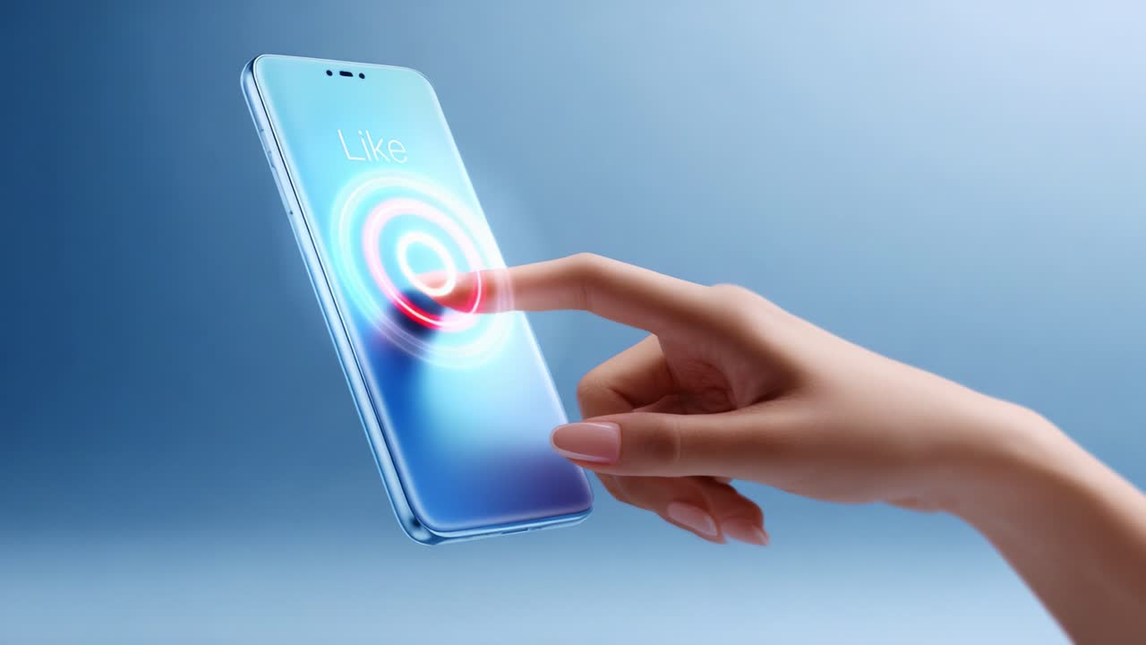 Engaging with Digital Content: A User's Interaction with a Smartphone Display Featuring a Touchscreen Gesture Indicating a Like Action in a Modern User Interface Setting