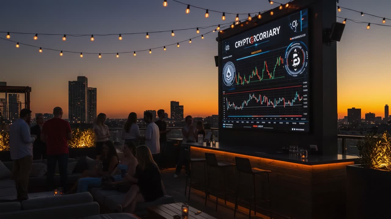 A Vibrant Rooftop Ambiance Showcasing Cryptocurrency Trends Against a Stunning Sunset Backdrop, Ideal for Social Gatherings and Networking Opportunities