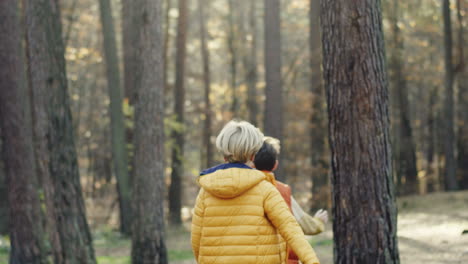 rear view caucasian boys running in the forest on a sunny day