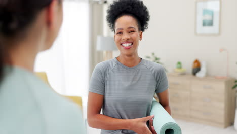 yoga, friends and women talking in home