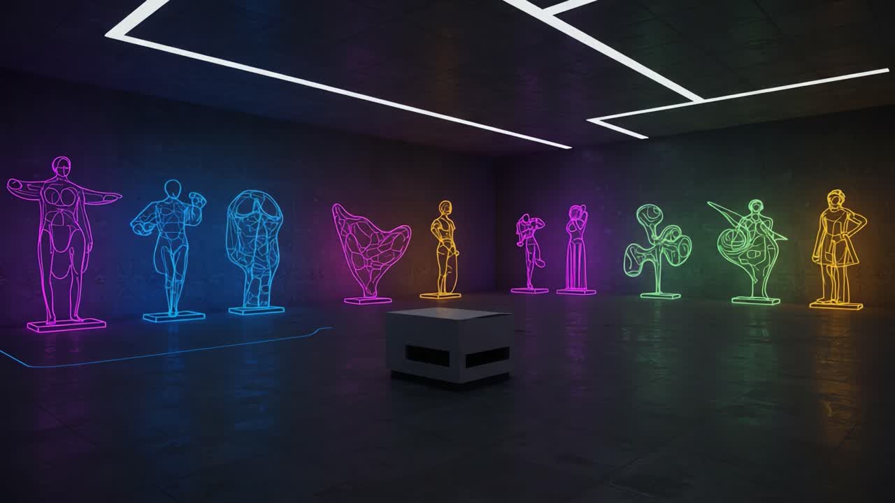 An Innovative Neon Art Installation Featuring Wireframe Sculptures in a Modern Gallery Space, Showcasing a Blend of Colorful Illumination and Contemporary Design Elements