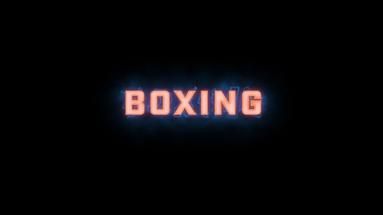 A short high quality motion graphic typographic reveal of the words "boxing" with various colour options on a black background, animated in and animated out with electric, misty elements