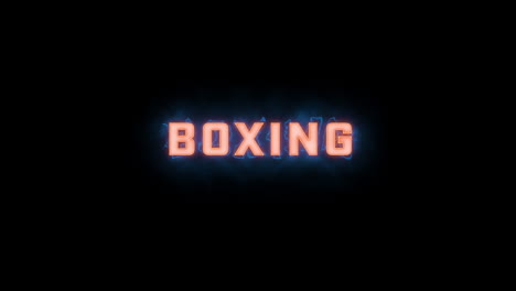 una breve revelación tipográfica de movimiento gráfico de alta calidad de las palabras "boxeo" con varias opciones de color en un fondo negro, animada dentro y fuera con elementos eléctricos y brumosos
