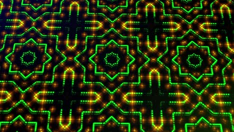 ilustración animada luz brillando puntos verdes y amarillos y estrellas formas cuadradas.