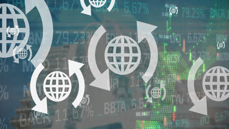 Animation-of-financial-data-processing,-statistics-and-globe-icons