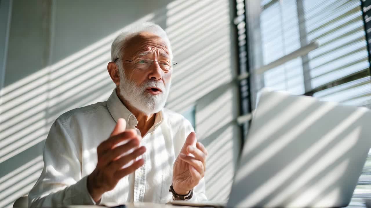 An elderly man engaged in a focused conversation while gesturing expressively at his laptop, surrounded by natural light filtering through window blinds, indicating an important discussion or online meeting