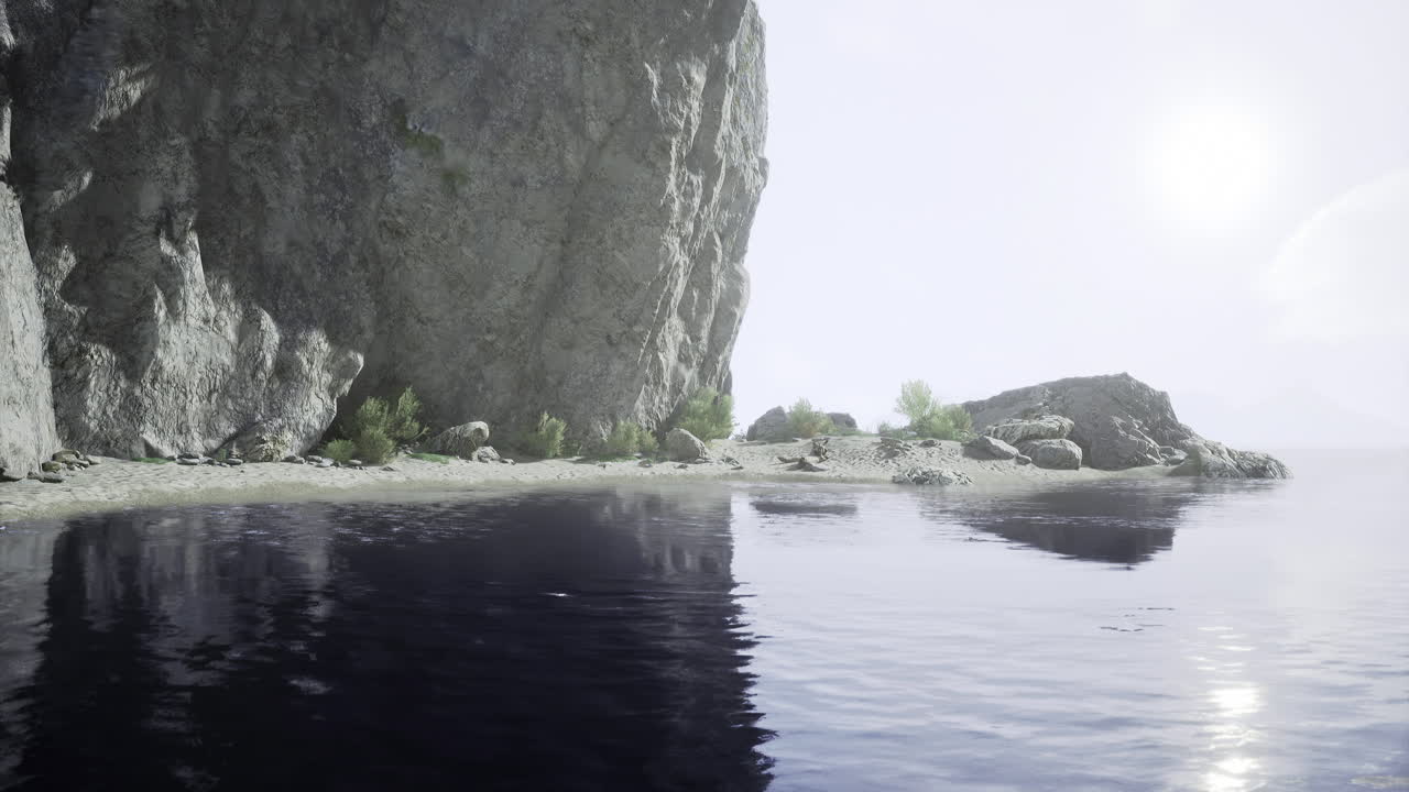 Serene coastal landscape with rocky cliffs and calm waters at sunset