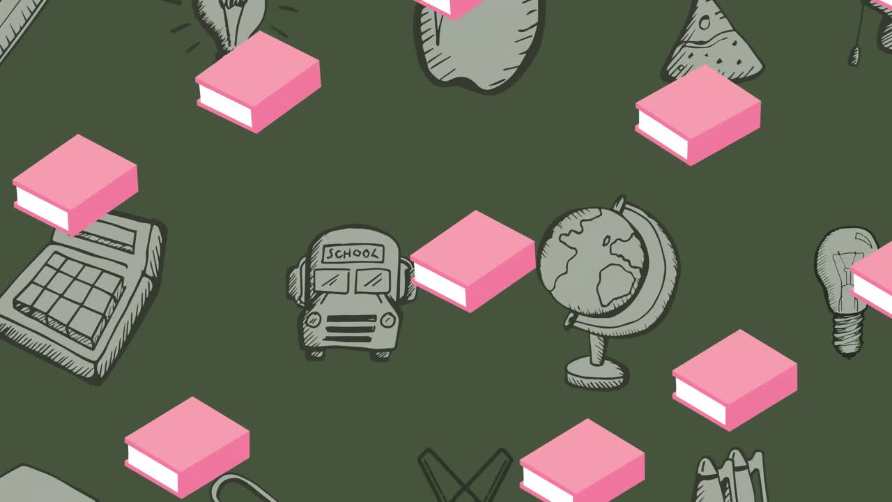 animación de libros rosados repetidos que se mueven sobre artículos relacionados con la escuela dibujados en la pizarra verde