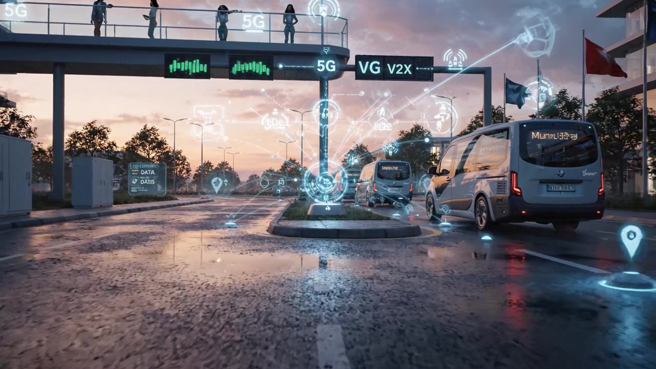 A dynamic urban landscape showcasing advanced technology with vehicles on a modern street, highlighted by digital displays and vibrant city life at dusk.