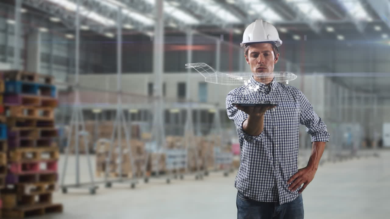 Animation of Caucasian man with a hard hat holding a tablet displaying a white plane moving