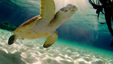 underwater turtle encounter with scuba diver